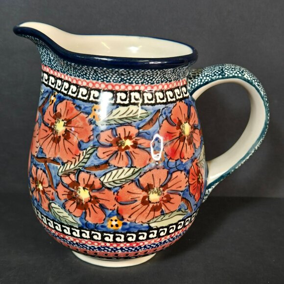 Polish Pottery UNIKAT Jungle Flower Small Stoneware Pitcher w Floral Design 6" - Picture 4 of 9
